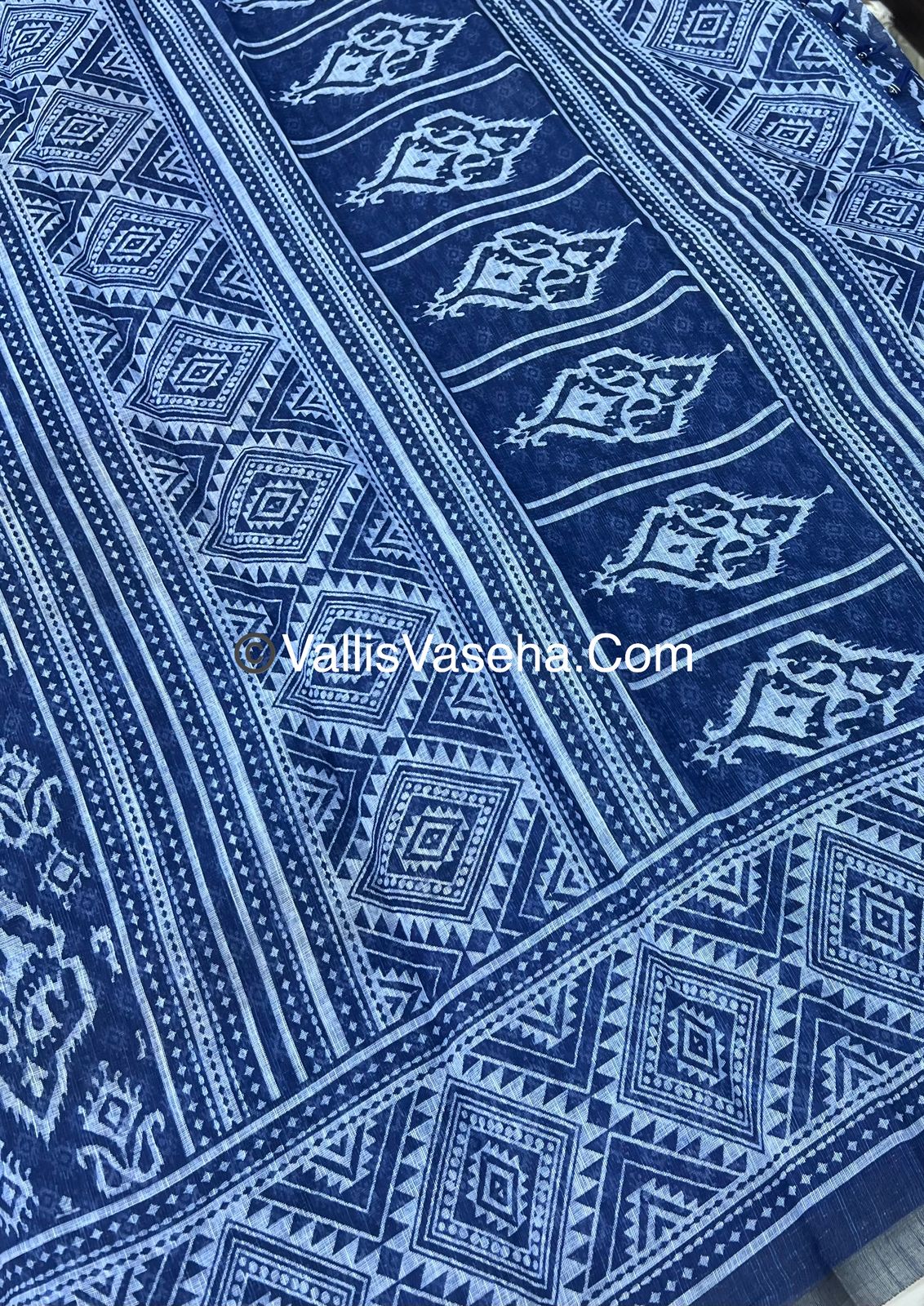 Linen Mixed Cotton Saree - Indigo Blue - Printed - VVLMP001