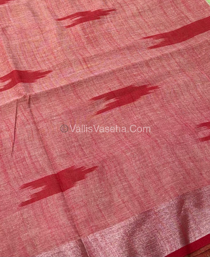 Bhagalpuri Linen Cotton Saree - Ikkat Print - Green With Red Shade - VVBLC001