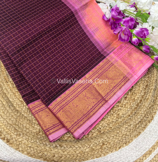 Pure Silk Cotton Saree - Maroonish Wine With Peach Shade - Lakshadeepam Design - VVPLD001