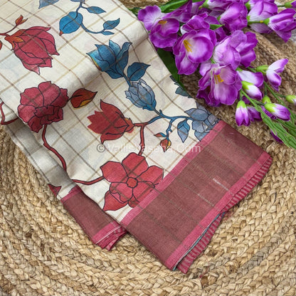 Pure Tussar Silk - Cream With Maroon Shade - VVPTS001