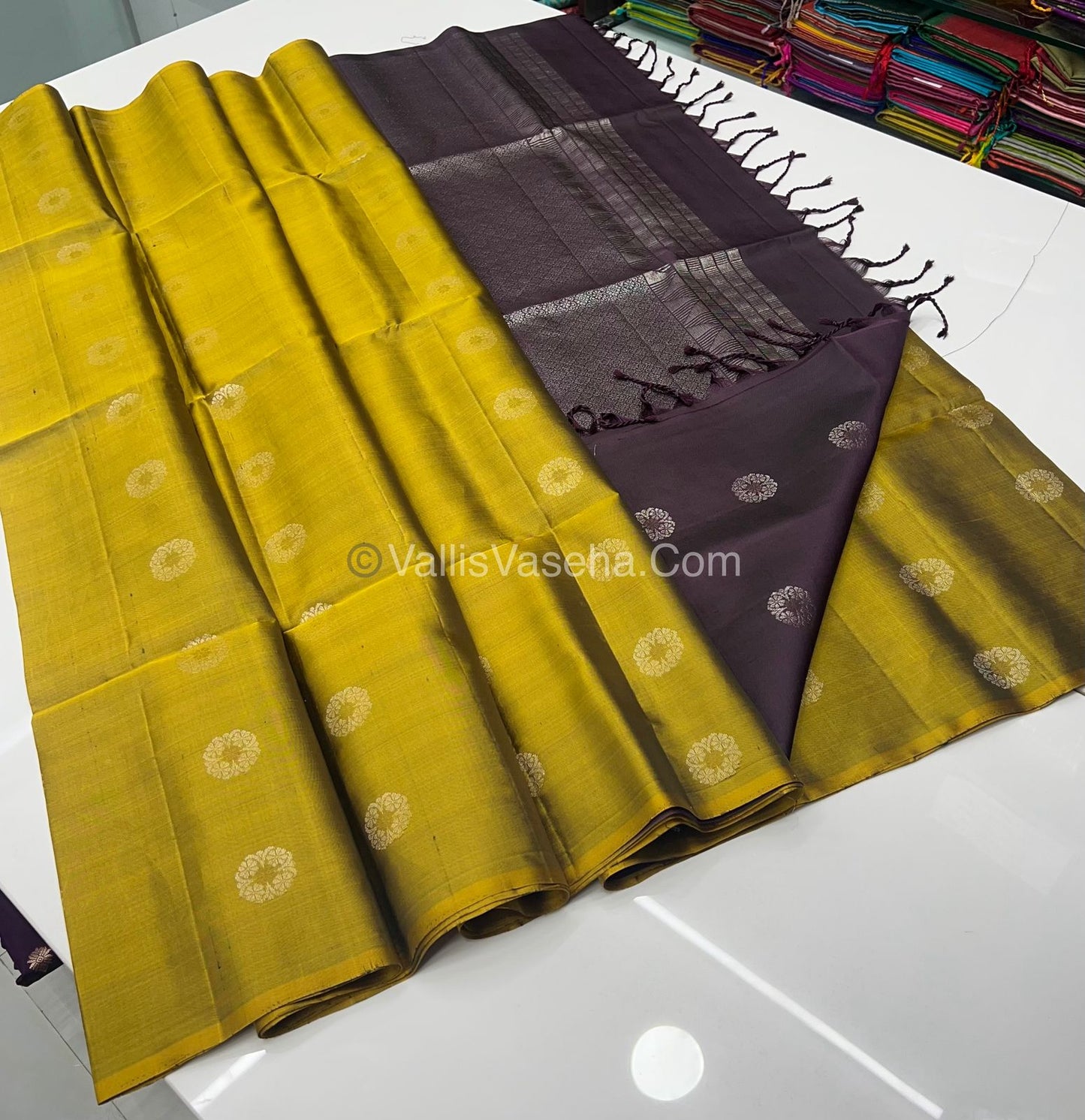 Pure Soft Silk Saree - Border Less  - Yellow & Brown Combo - VVPSS055