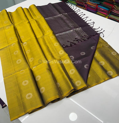 Pure Soft Silk Saree - Border Less  - Yellow & Brown Combo - VVPSS055