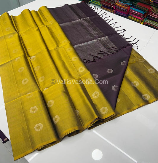 Pure Soft Silk Saree - Border Less  - Mustard Yellow & Brown Combo - VVPSS055