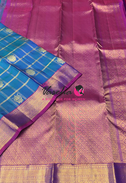 Pure Kanchipuram Silk Saree - Peacock Blue With Purplish Pink - VVPS097
