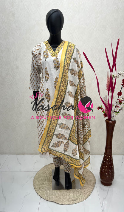 Ready Made | Anarkali |Salwar, Kameez & Duppatta(3pc)|Cotton |White & Yellow - VVAS010