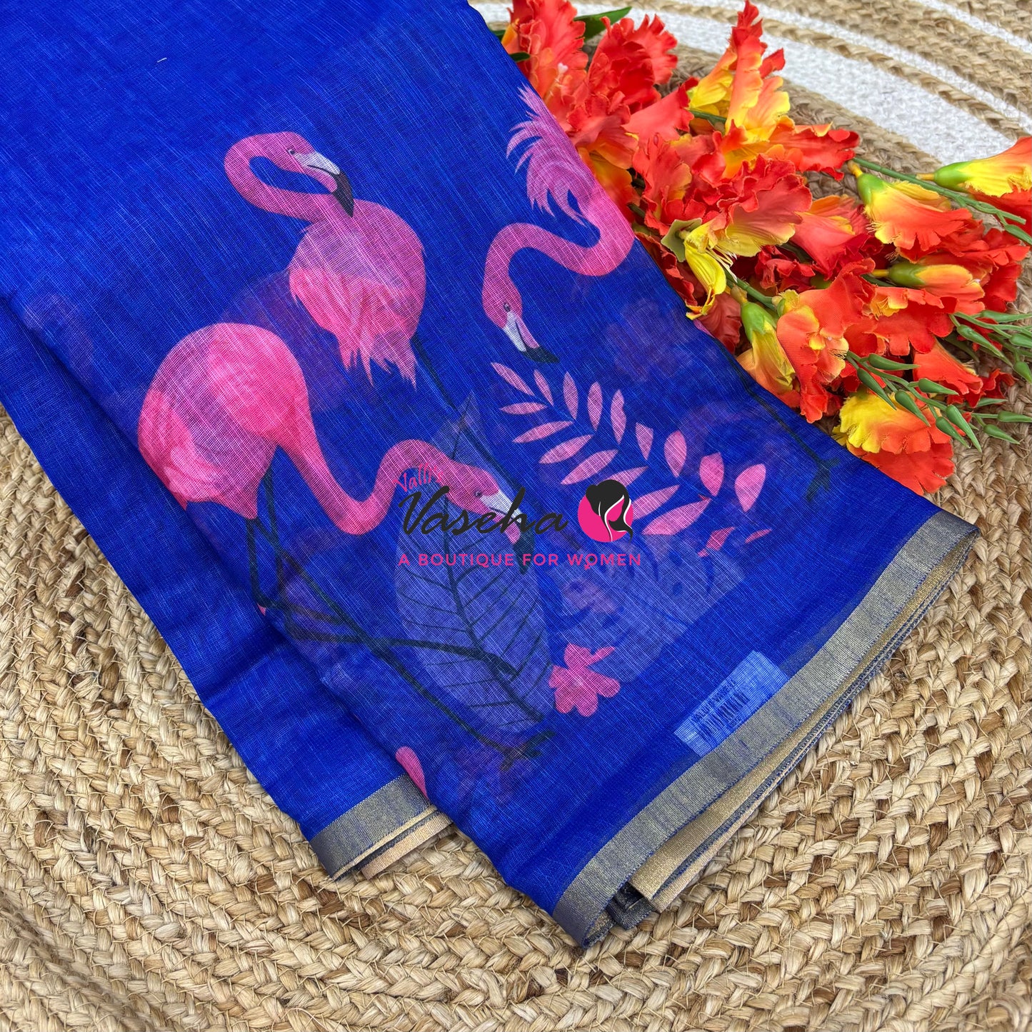 Linen Mixed Cotton Saree -Printed - Blue With Pink Shade - VVLMP002
