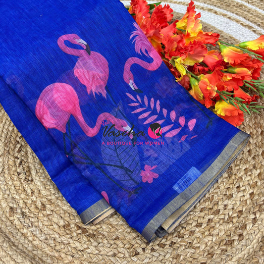 Linen Mixed Cotton Saree -Printed - Blue With Pink Shade - VVLMP002