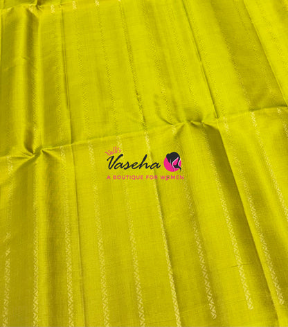 Pure Soft Silk Saree - Border Less  - Lemon Green & Brown Combo - VVPSS066