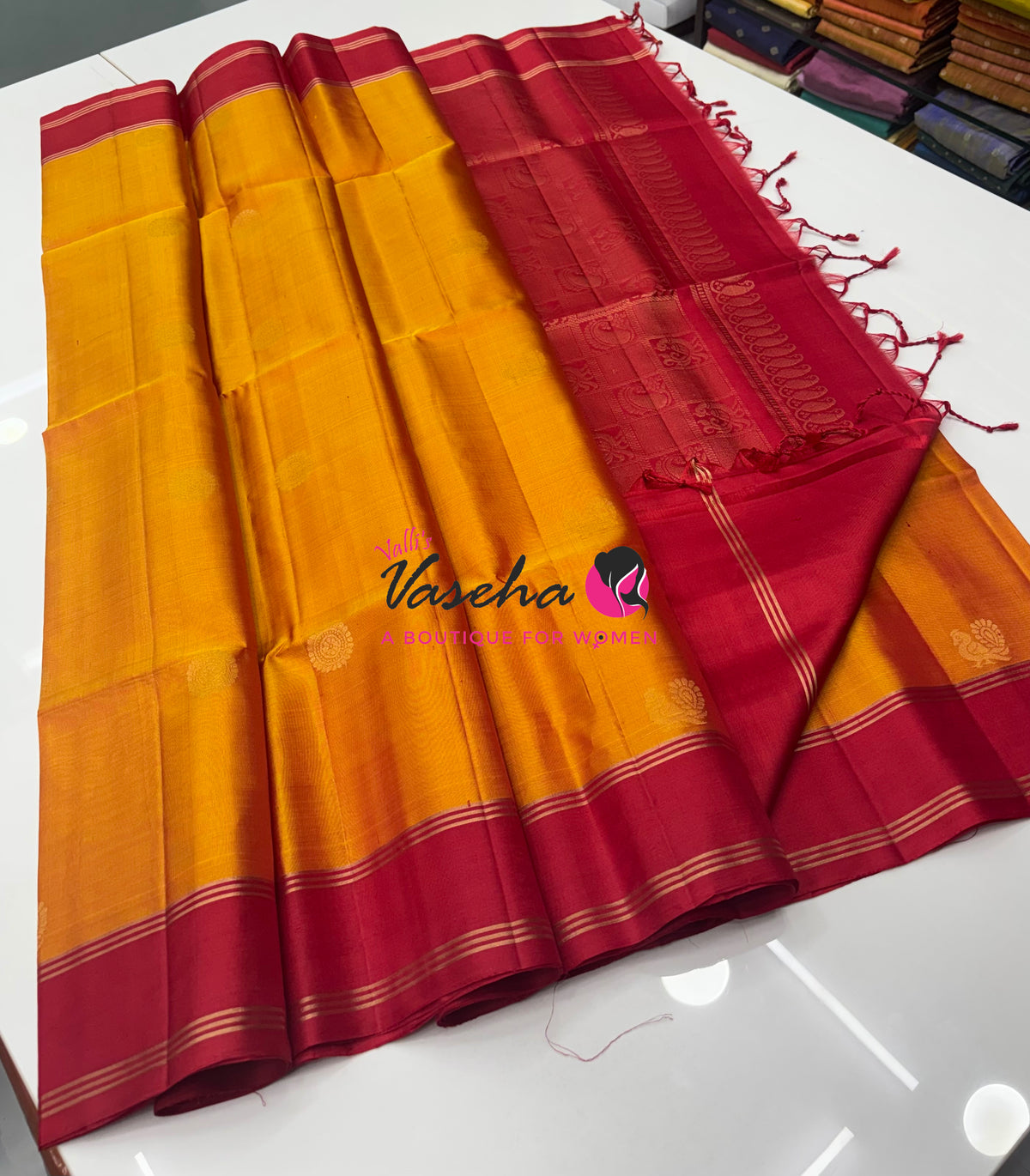 Pure Soft Silk Saree  - Mango Yellow & Red Combo - VVPSS136