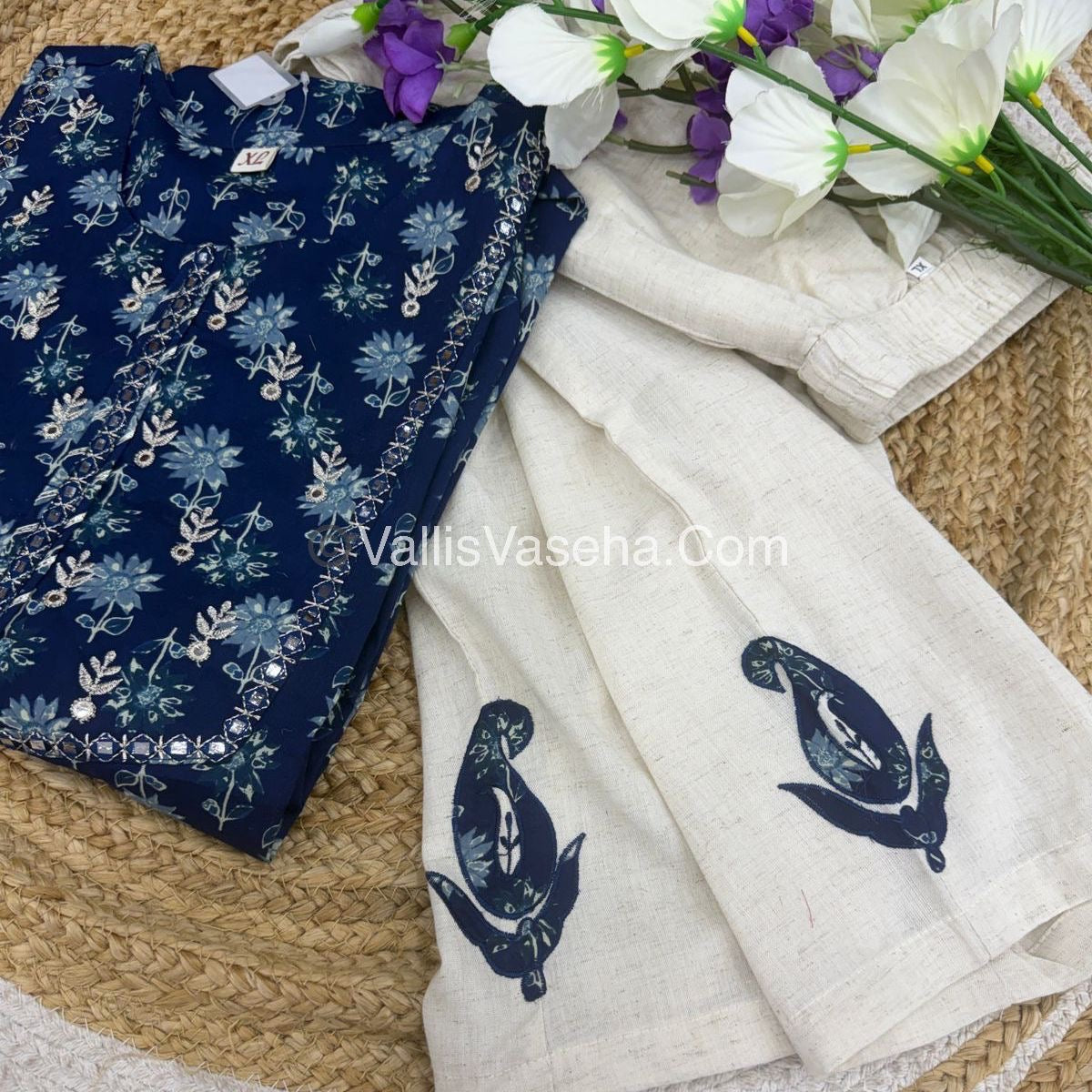 Salwar & Kameez(2pc) Set - Indigo Blue kurti & Khadi Cotton Bottom with Applique work - VVCS002