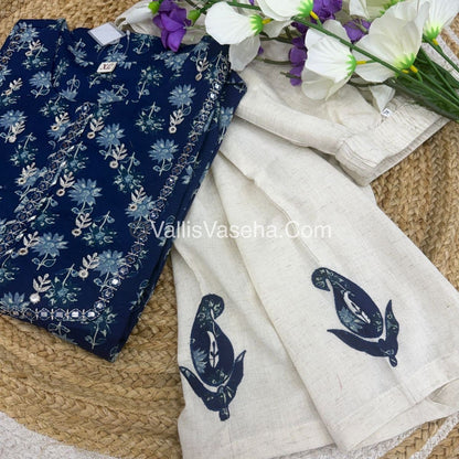 Salwar & Kameez(2pc) Set - Indigo Blue kurti & Khadi Cotton Bottom with Applique work - VVCS002