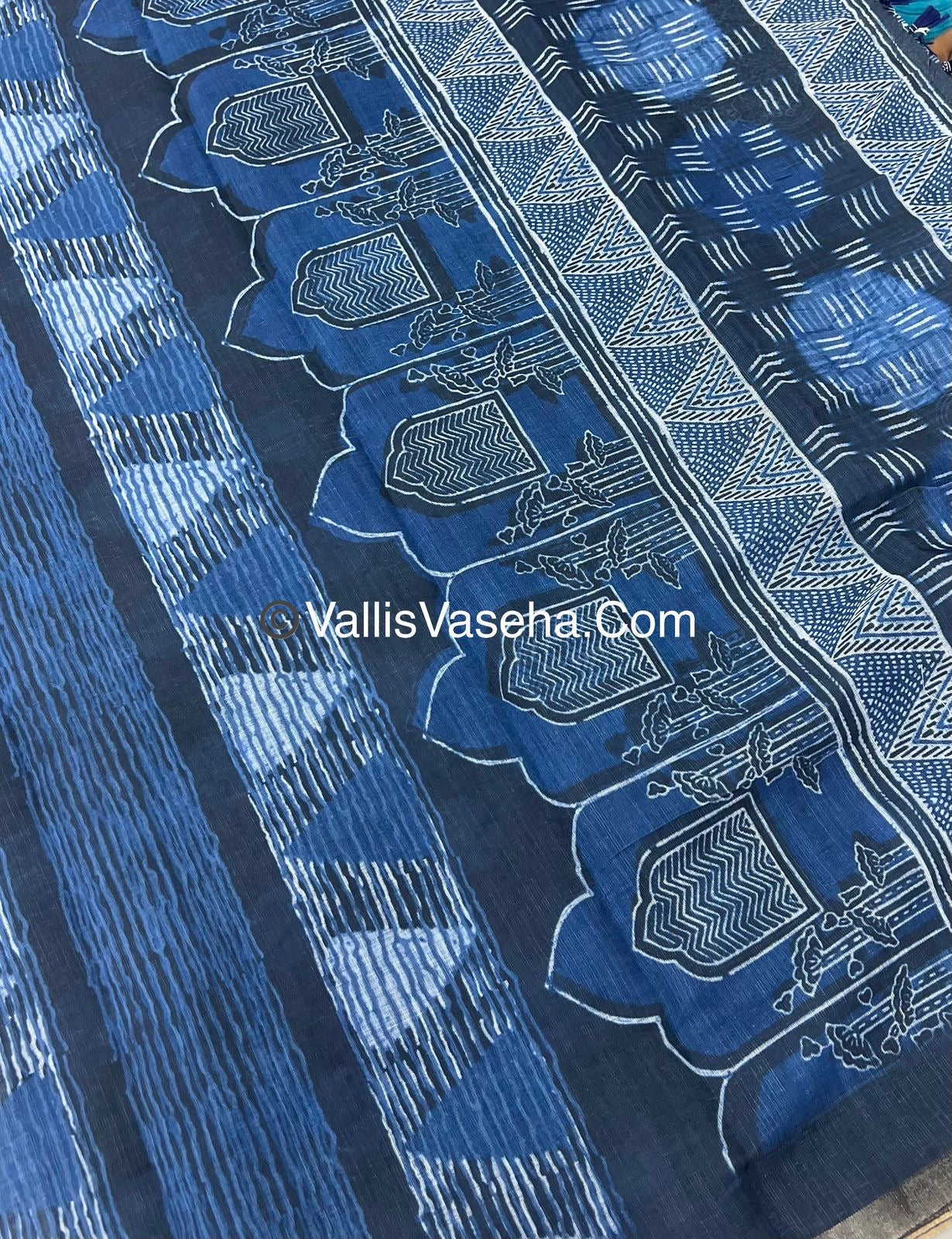 Linen Mixed Cotton Saree - Indigo Blue - Printed - VVLMP001