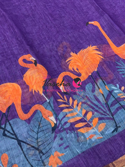 Linen Mixed Cotton Saree - Printed - Purple With Orange Shade - VVLMP002
