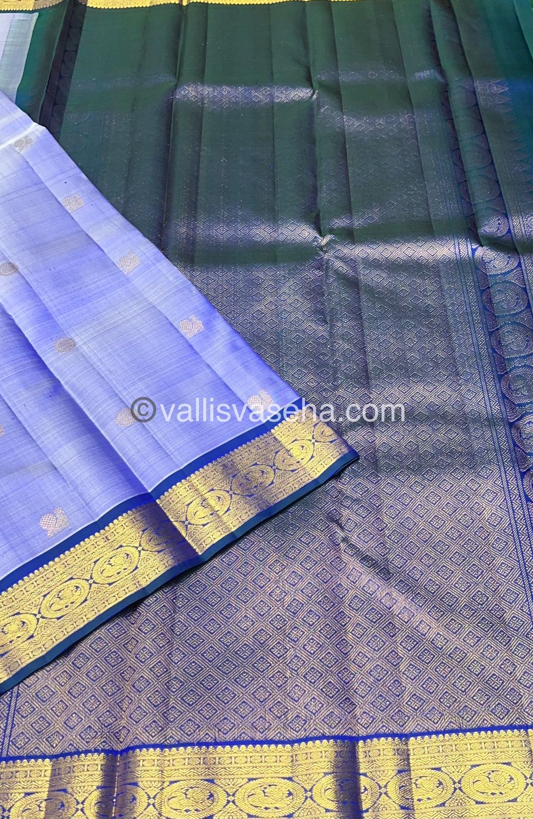Pure Kanchipuram Silk Saree - Greyish Blue & Peacock Blue Combo - VVPS014