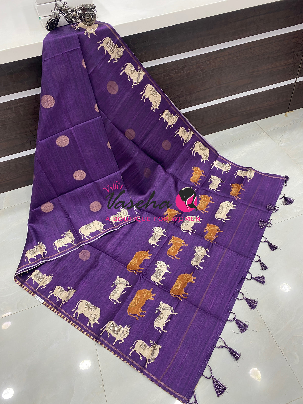 Semi Matka Tussar Saree - Pichwai Design - VVSMT003