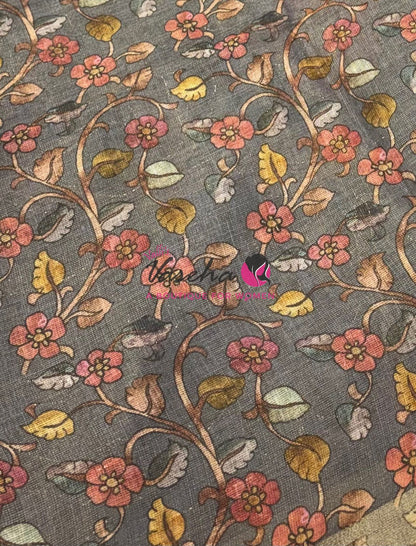 Linen Tissue Saree - Mirror Work Embroidery - Chocolate/ Biscuit With Grey Shade - VVLTS001