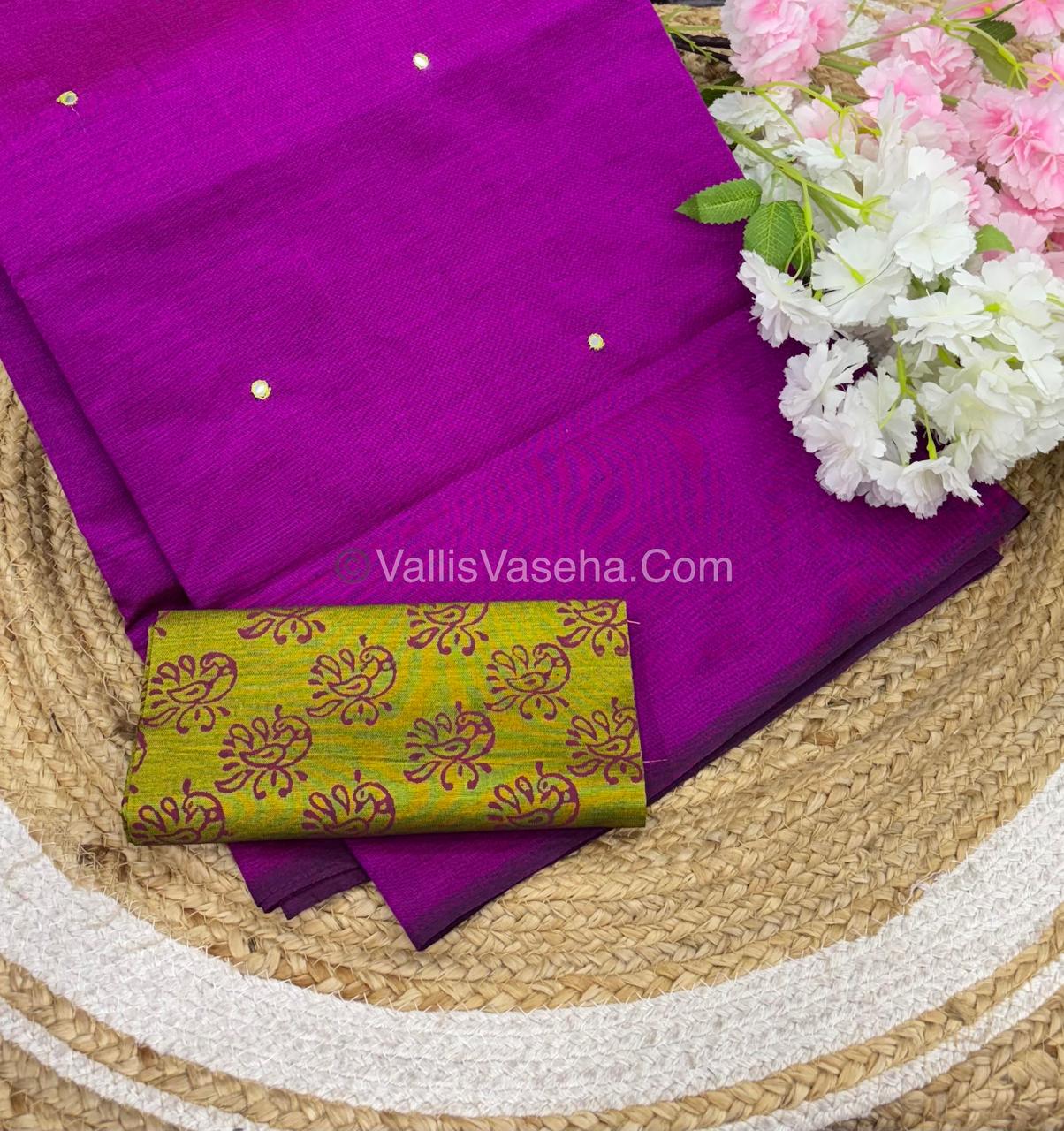 Poly Silk Mixed Cotton - Mirror Work Embroidery - Purplish Pink with Green - VVPCM001