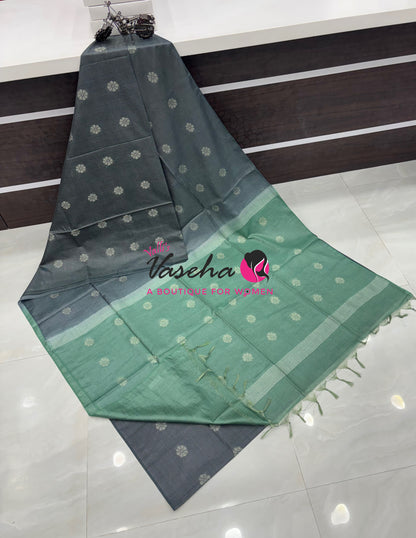 Bhagalpuri Silk - Vaira Voosi Lines - Grey & Green Combo - VVBSV003