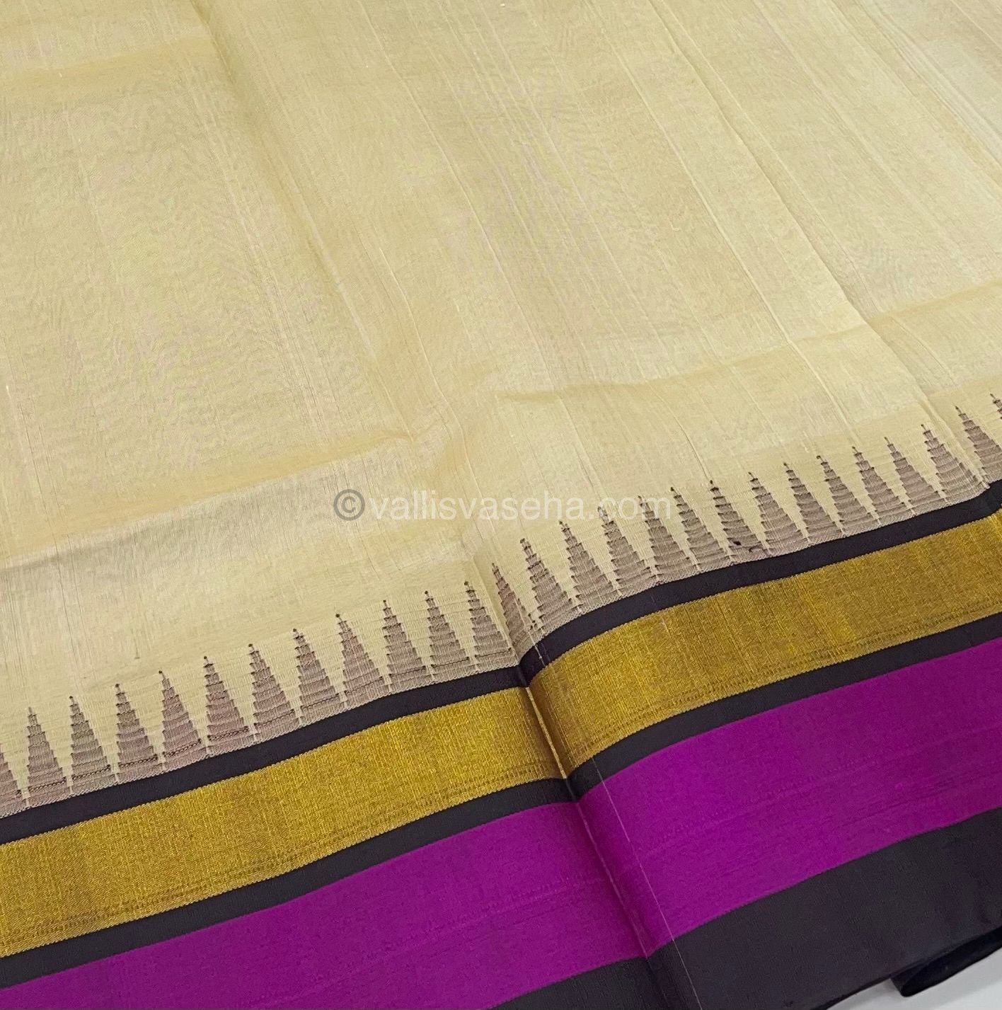 Pure Korvai Silk Cotton Saree - Cream with Brown Combo - Temple border - VVKSC001