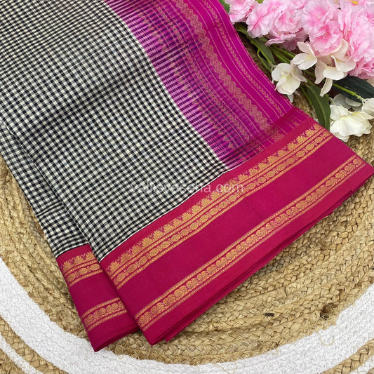 Pure Korvai Silk Cotton - Podi Kattam - Black & White with Pink Combo - Retta Petta Border - VVKSC003