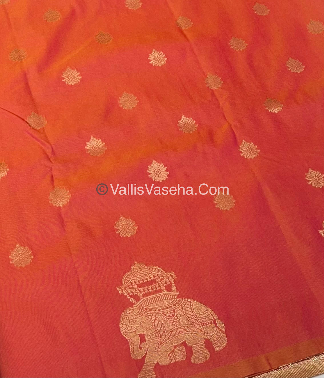 Semi Soft Silk - Elephant Butta Border - Peachish Orange Shade -VVSSS011