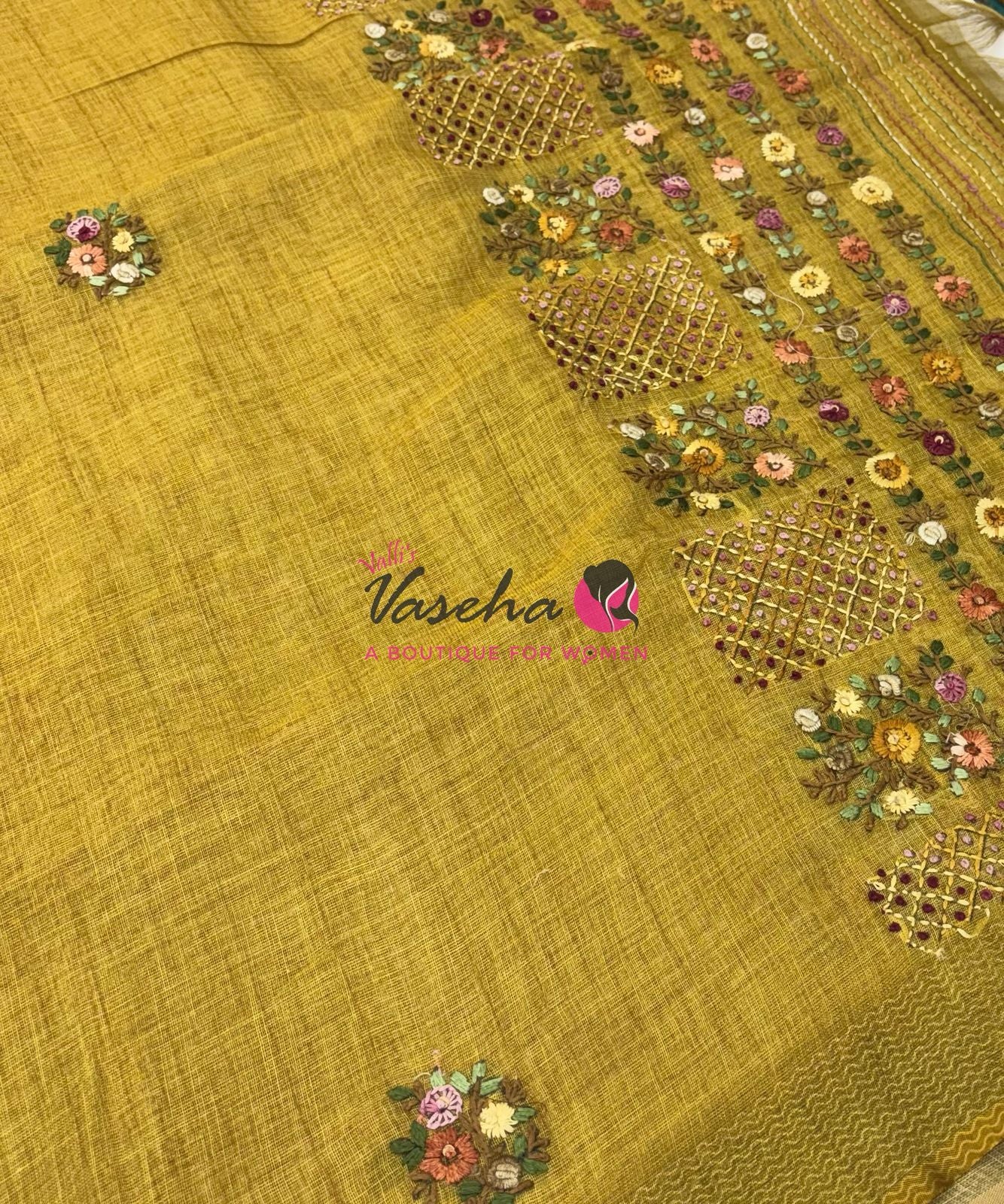 French Knot - Linen Tissue Saree - Mustard Yellow Shade - VVLFN017