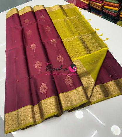 Pure Soft Silk Saree - Maroon With Green - Velum & Mayilum - Kanchi Border - VVPSS015