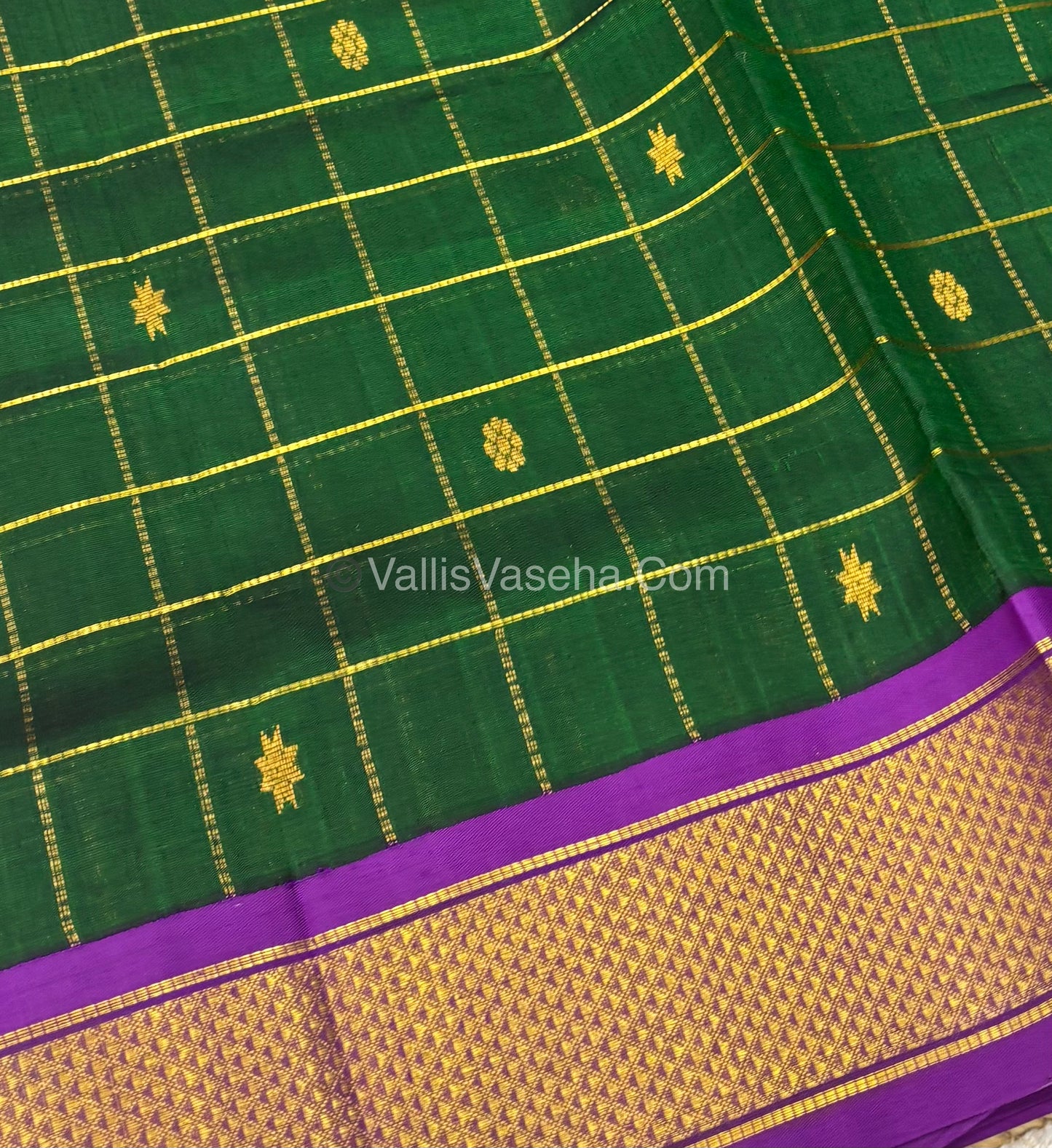 Pure Korvai Silk Cotton - Checks Pattern - Green with Purple Shade  - VVKSC015
