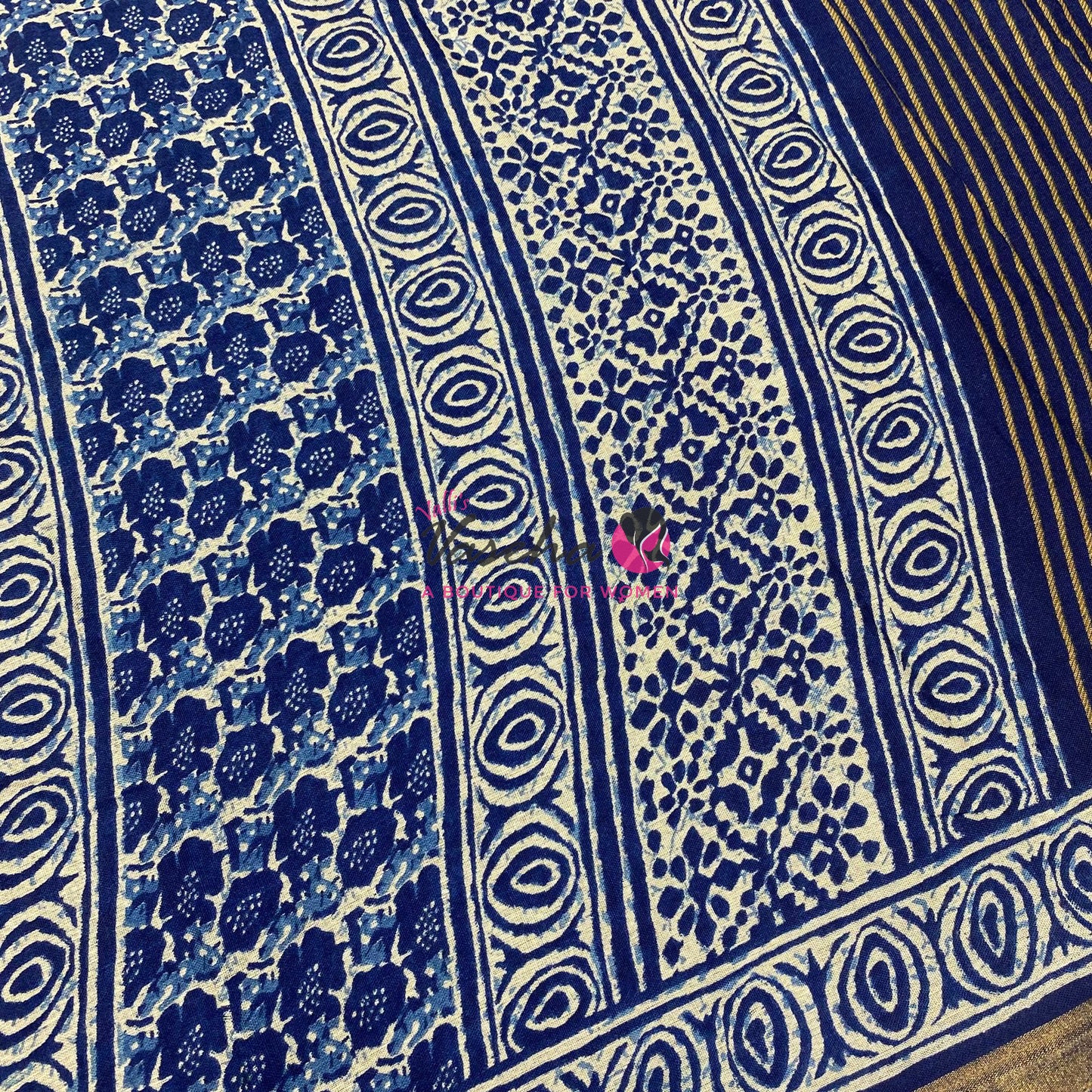 Semi Maheshwari Mixed Cotton Saree - Linen Feel - Indigo Blue - VVMSC008