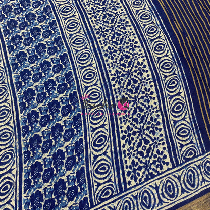 Semi Maheshwari Mixed Cotton Saree - Linen Feel - Indigo Blue - VVMSC008