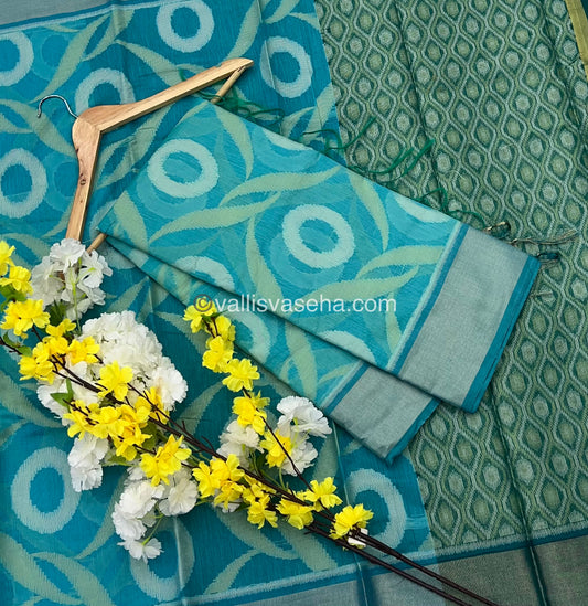 Banarasi Pochampally Weaving Semi Soft Cotton Saree - Blue with Ramar Green - VVBPS001