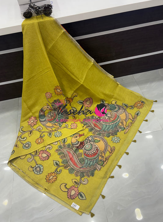 Linen Appliqué Work Saree - Lemon  Yellow Shade - VVLAS001
