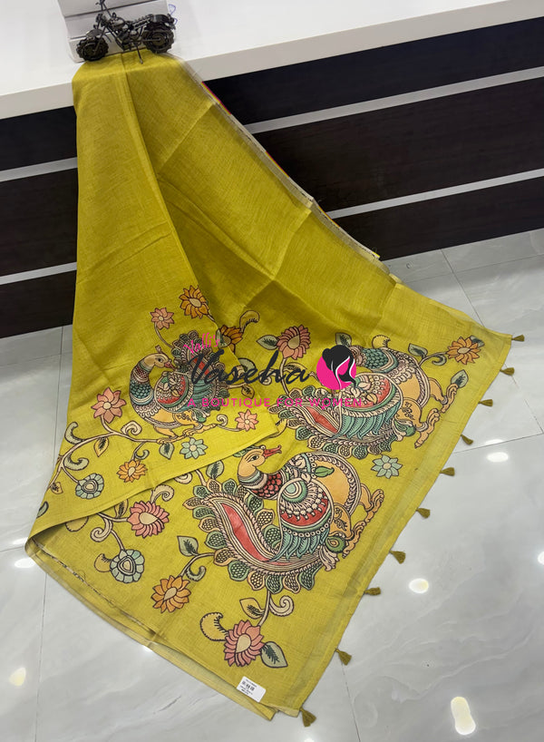 Linen Appliqué Work Saree - Lemon  Yellow Shade - VVLAS001