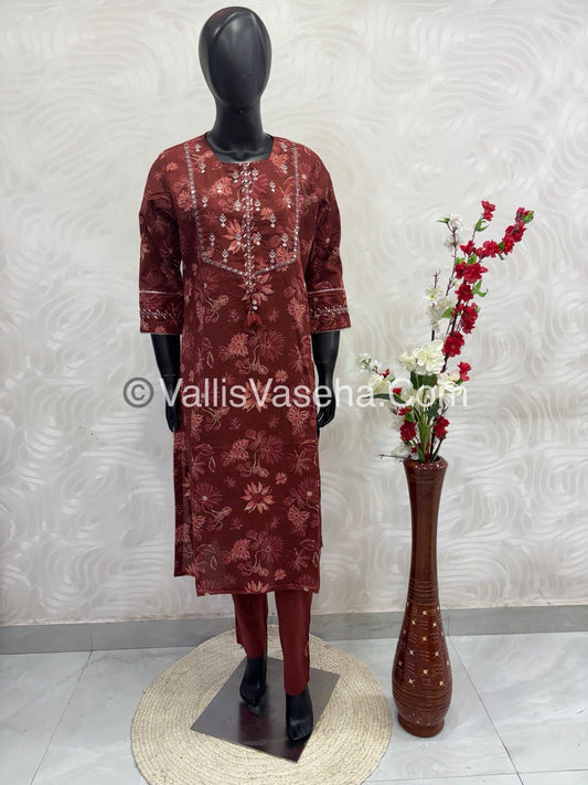 Salwar & Kameez(2pc) Set - Rustic Merun kurti & Cotton Bottom with Applique work - VVCS002