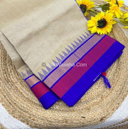 Pure Korvai Silk Cotton Saree - Cream With Blue Shade Temple border - VVKSC001