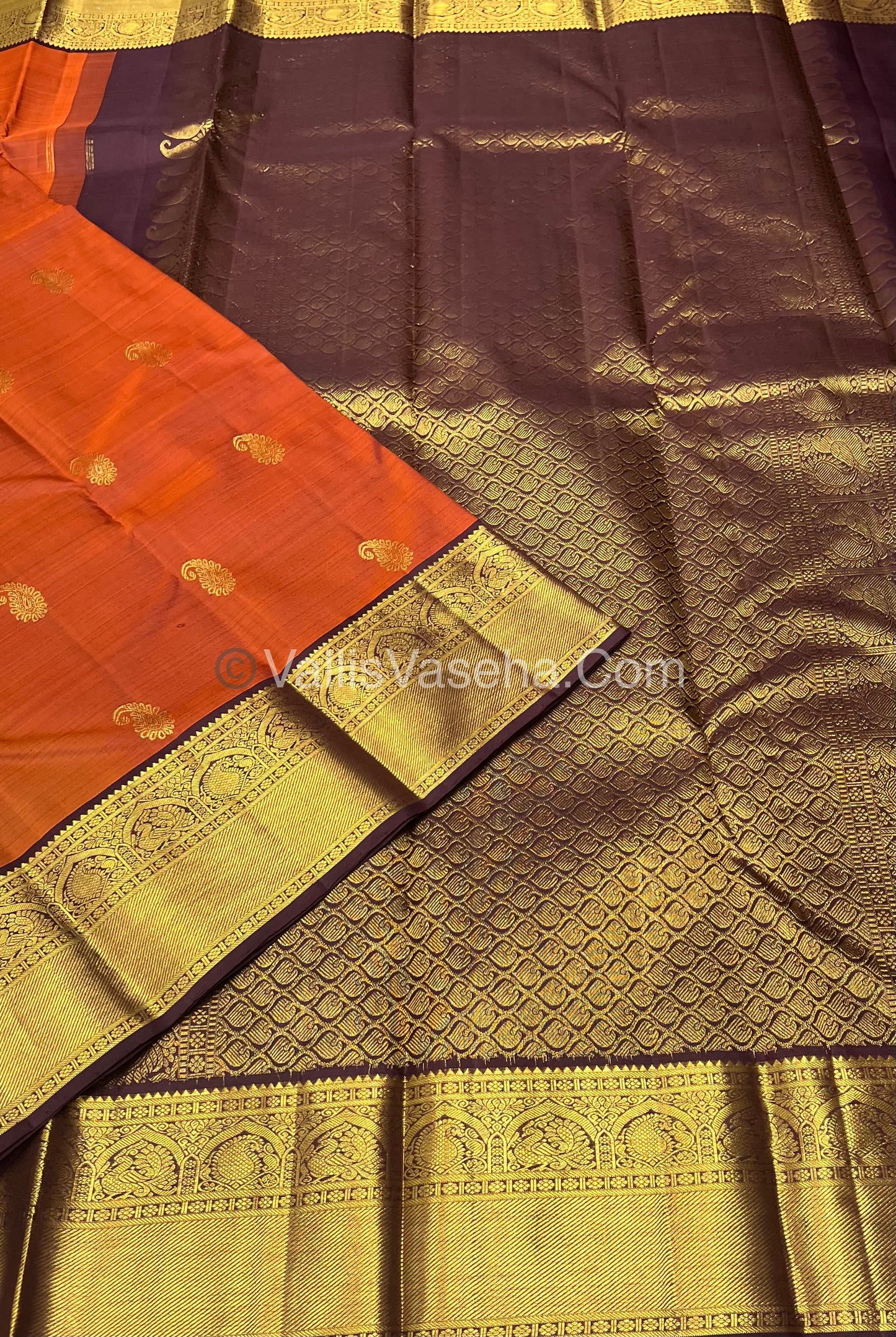 Pure Kanchipuram Silk Saree - Rust Orange With Wine Brown Shade  - VVPS022
