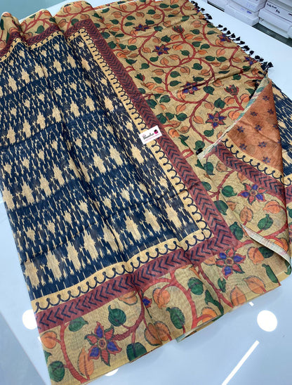 Chanderi Mixed Cotton Saree - Ikkat & kalamkari design  - VVCC002