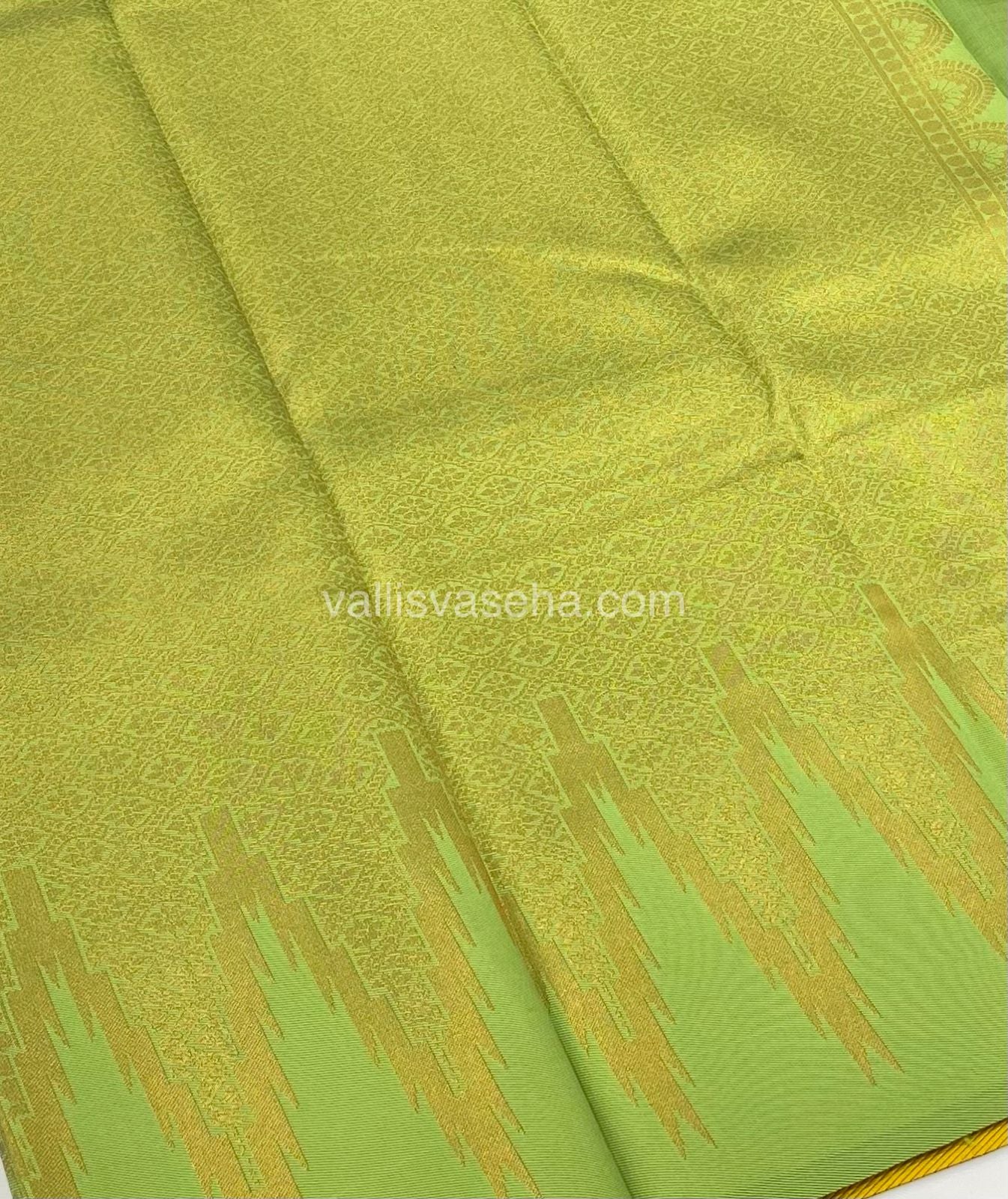 Kanchi Semi Silk - Yellow With Green - Temple Border  - VVKSS001