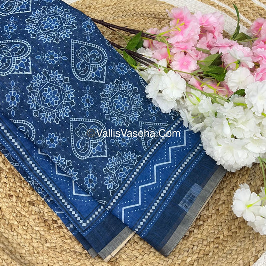 Linen Mixed Cotton Saree - Indigo Blue - Printed - VVLMP001