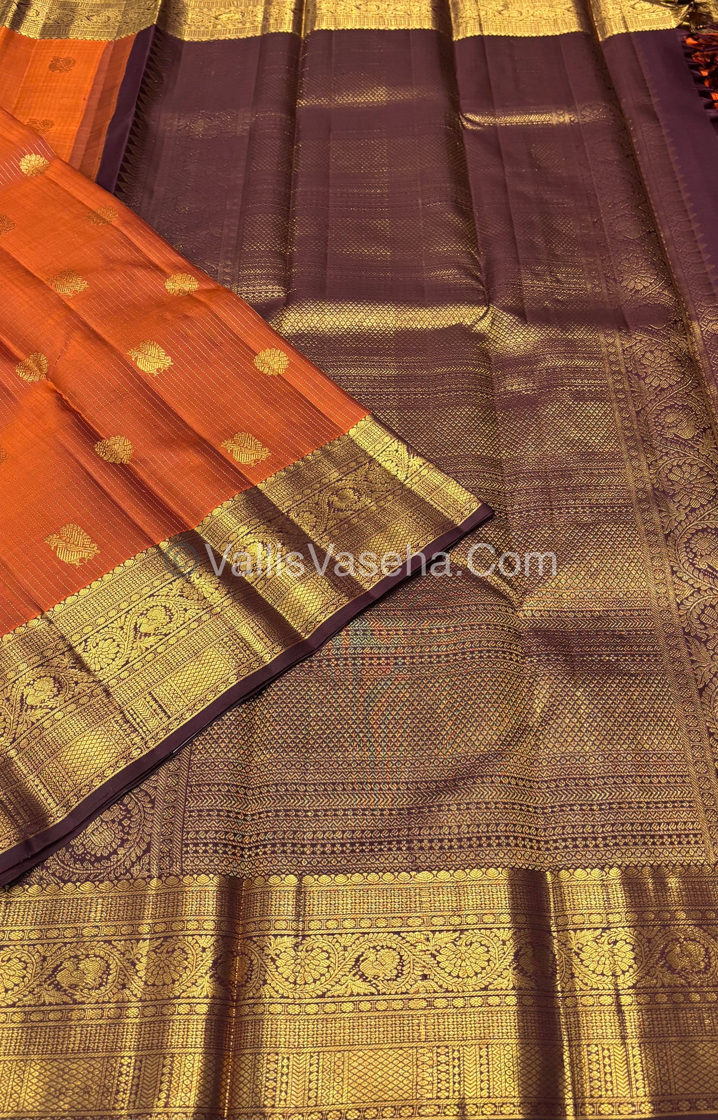 Pure Kanchipuram Silk Saree - Vaira Voosi design - Rust Orange & Wine Brown Shade - VVPS022