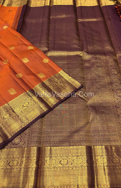 Pure Kanchipuram Silk Saree - Vaira Voosi design - Rust Orange & Wine Brown Shade - VVPS022