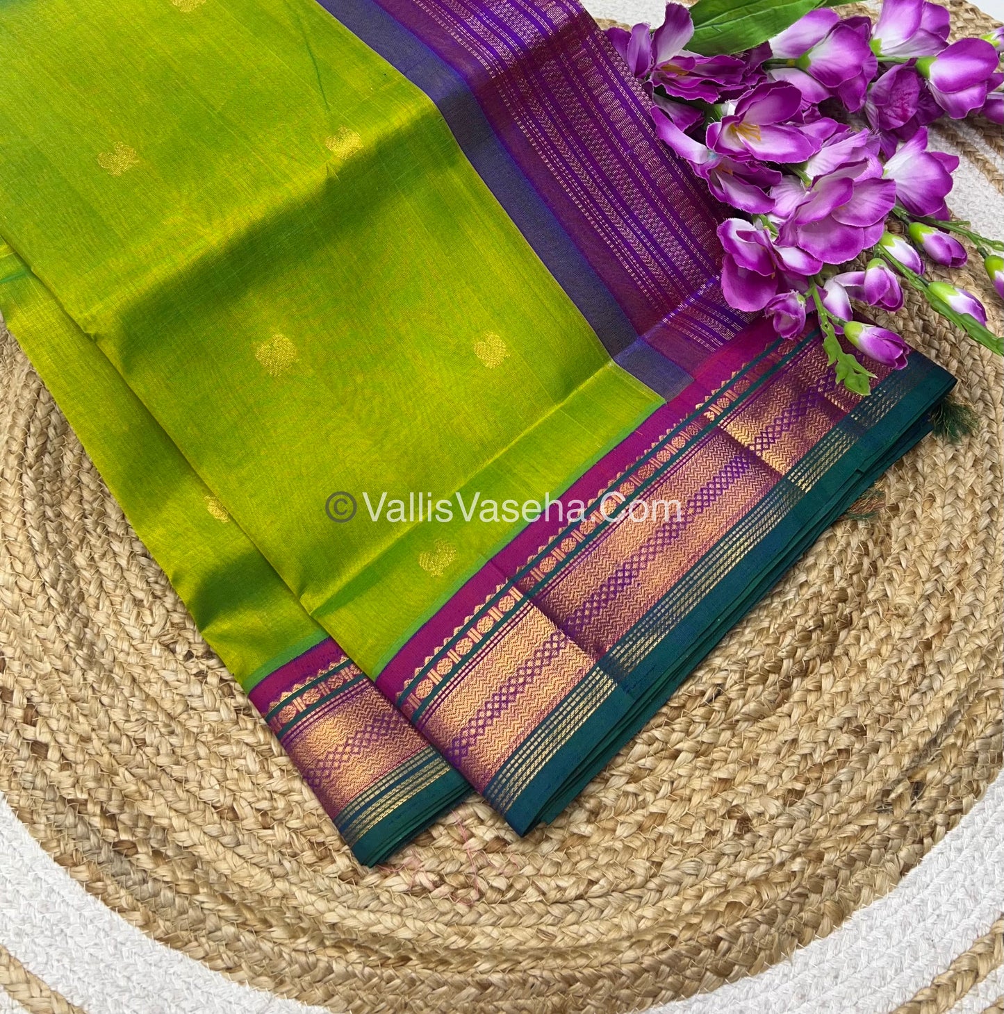 Pure Korvai Silk Cotton Saree - Sneha Green With  Purple Combo - VVKSC004