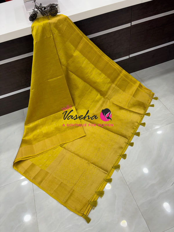 Semi Tussar Silk - Grand Pallu  - Lemon Yellow Shade - VVSTS021
