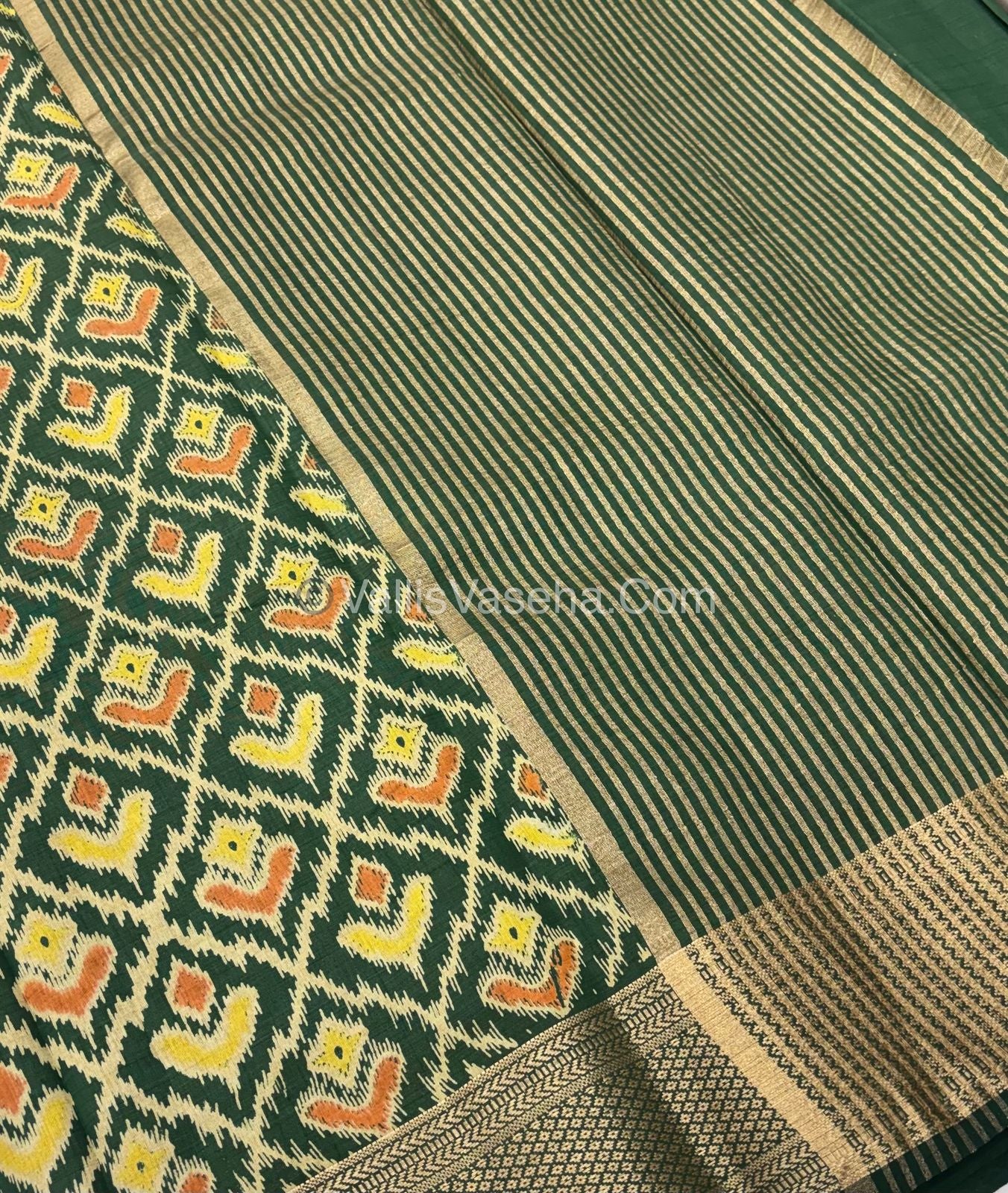 Semi Tussar Silk Saree - Ikkat / Pochampally Design - Dark Green Shade - VVSTS033