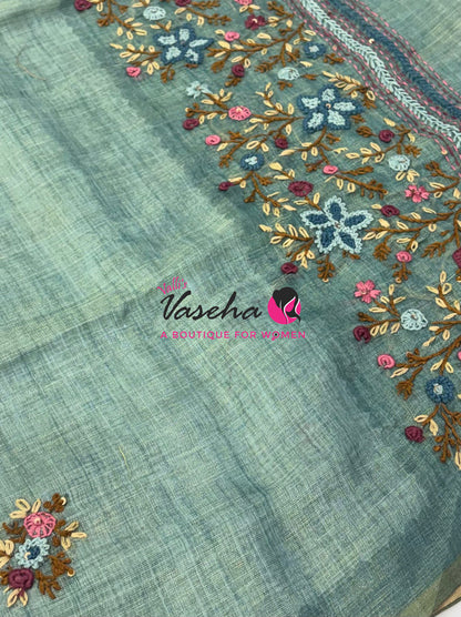 French Knot - Linen Tissue Saree  - Heavy Work Blouse - VVLFN020