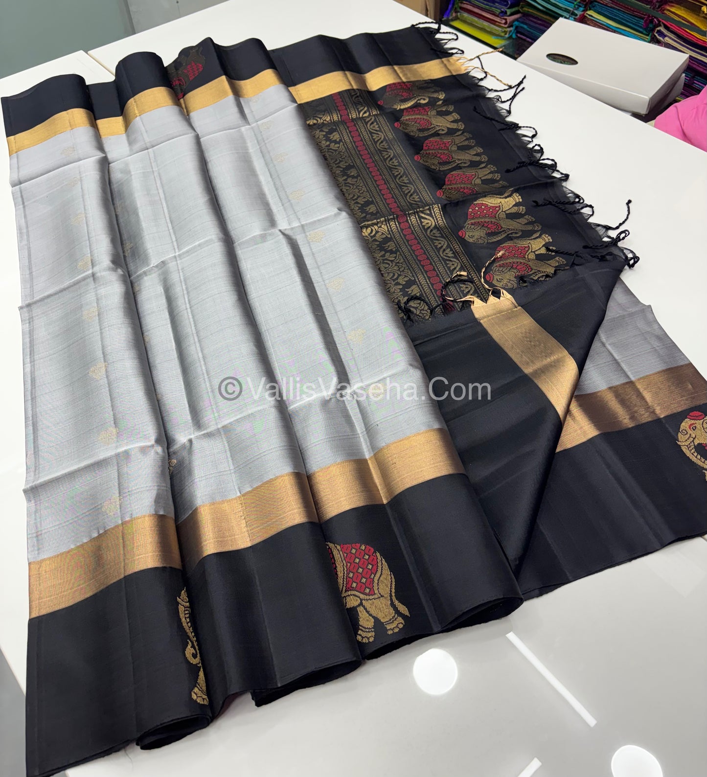 Half Mixed Soft Silk Saree - Grey with Black - VVPSS028