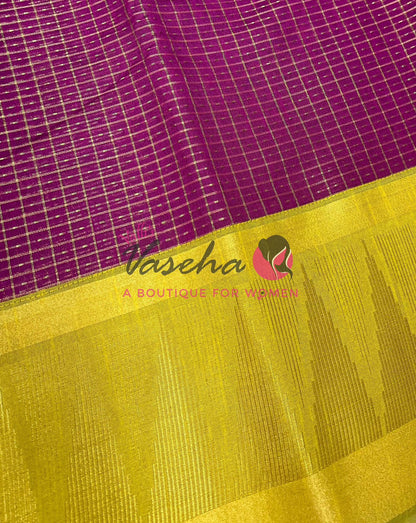 Semi Raw Silk - Lakshadeepam Design - Purple With Lemon Green Shade - VVRS008