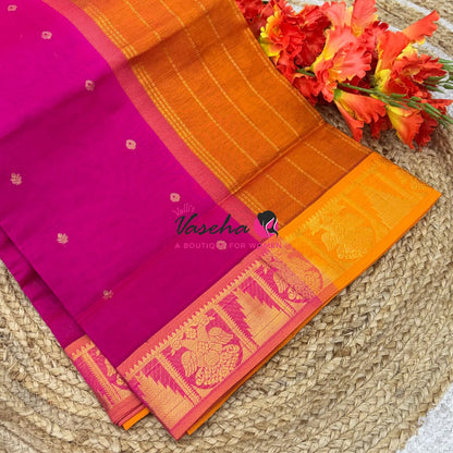 Semi Silk Cotton Saree - Small Zari Butta  - Retta Mayil Border- VVSSC015