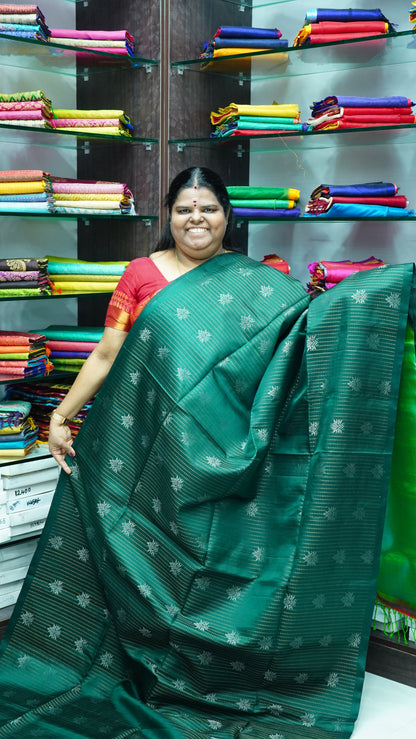 Pure Soft Silk Saree - Vaira Voosi design - Green With Teal Green ( lemon mixed) Combo - VVPSS016