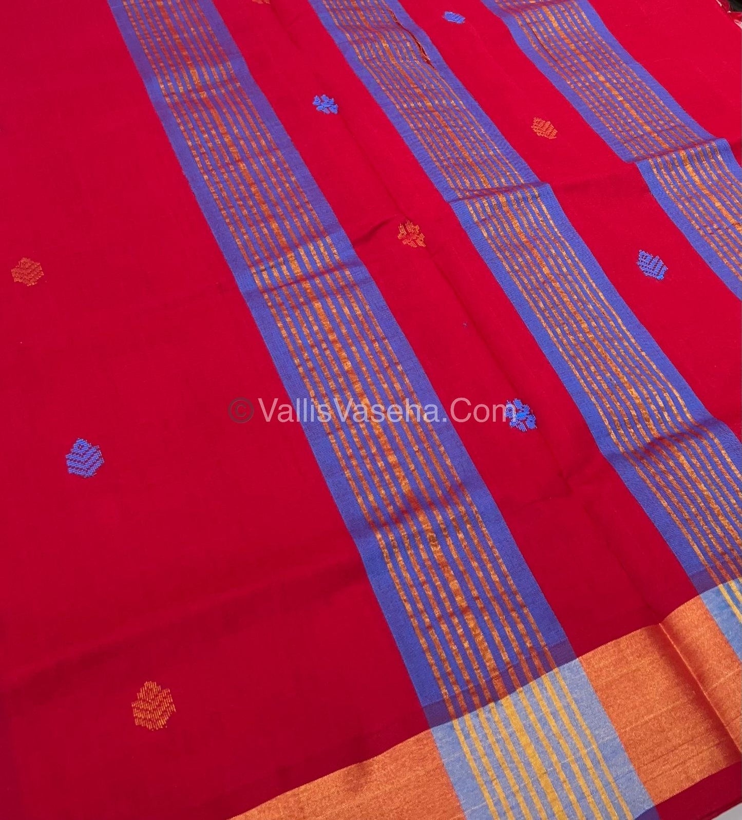 Semi Silk Cotton Saree - Blue & Red Combo - VVSSC001